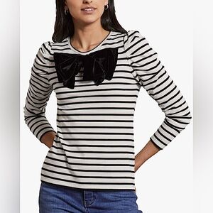 Boden Imogen Breton Long Sleeve Top Black White Striped Velvet Bow Size 8 US